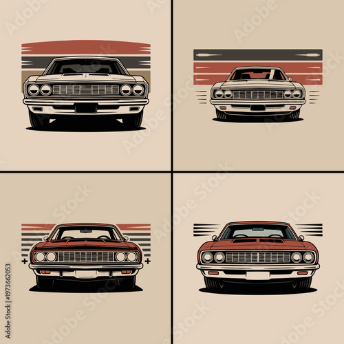 Four distinct vintage sports cars displayed in a creative pixel art style grid featuring classic automotive front end designs