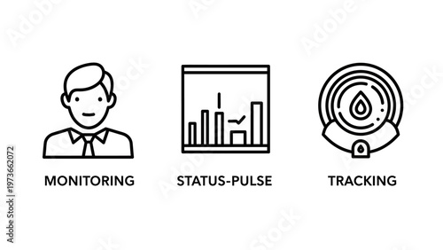 Icons for monitoring, status pulse, and tracking in business analytics and data management systems