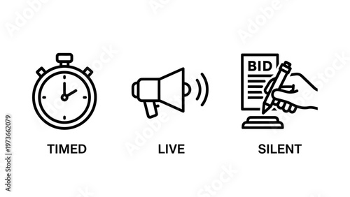Icons for timed, live, and silent auctions representing various bidding event types and sales processes