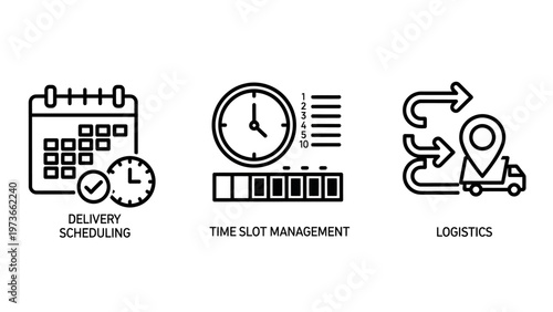 Delivery scheduling, time management, and logistics process outline icons set