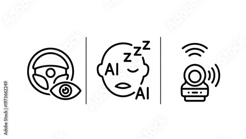 Ai autonomous driving, drowsiness detection, and surveillance camera outline icons
