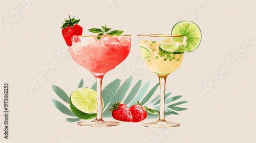 Vibrant illustration of two colorful cocktails garnished with fresh strawberries and lime, set against a warm tropical backdrop.