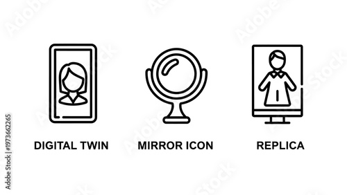 Digital twin, mirror reflection, and object replica outline icons set