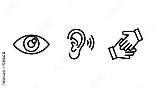 Minimalist line icons representing human senses including sight with an eye hearing with an ear and touch through a handshake for communication and perception concepts