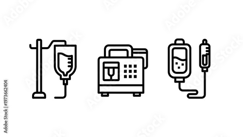 Medical healthcare equipment icons showing hospital intravenous drip stands electronic infusion pumps and patient monitoring devices for intensive care and clinical treatment