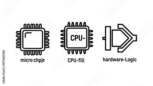 Computer hardware icons featuring microchip, cpu, and logic gate components