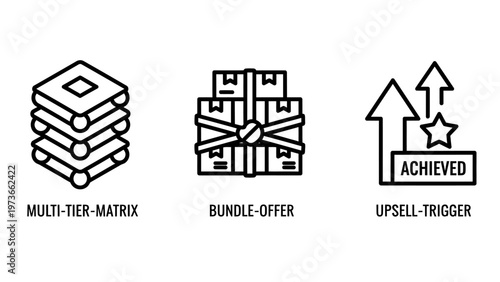 Business and e-commerce icon set featuring multi-tier matrix bundle offer and upsell trigger concepts