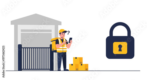 Delivery man confused at locked gate with packages, security lock icon