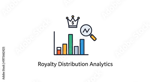 Royalty distribution analytics concept represented by bar chart magnifying glass and financial crown icon