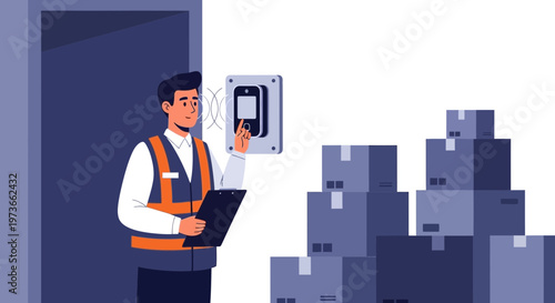 Delivery man using intercom at door with stacked boxes, logistics concept