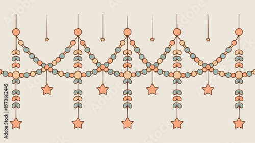 Elegant hand-drawn illustration featuring a repetitive vintage garland pattern adorned with delicate beads and charming hanging stars for festive decorations.