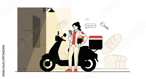 Delivery Person Using Smartphone Near Scooter with Food Packages and Bread