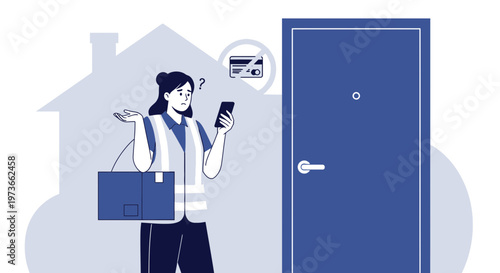 Delivery person confused by payment, holding package and smartphone at door