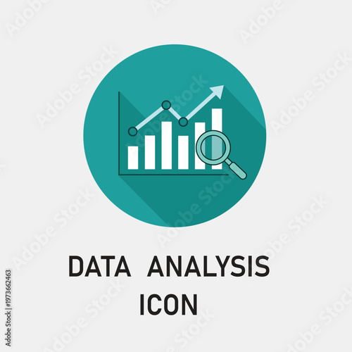 Teal data analysis icon with bar graph and magnifying glass on gray background