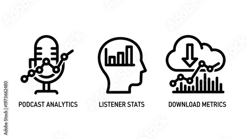 Podcast analytics listener stats and download metrics line icons
