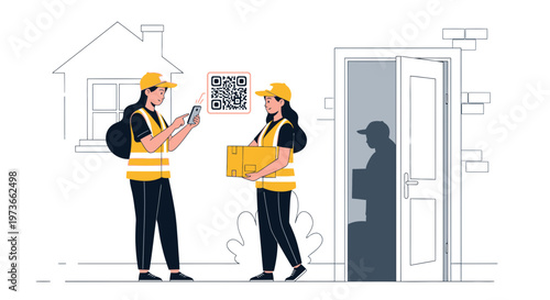 Delivery workers scanning QR code at doorstep for package confirmation and delivery