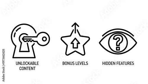 Key in lock for unlockable content, star with arrow for bonus levels, and eye with question mark for hidden features icons