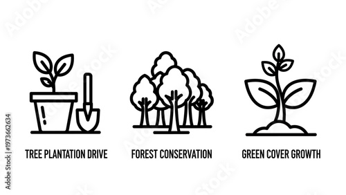 Tree planting drive, forest conservation, and green cover growth icons