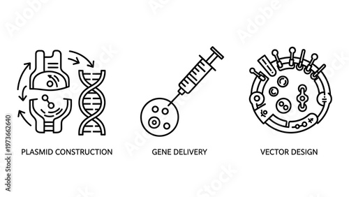 Vector design and genetic engineering icon set featuring plasmid construction with DNA strand gene delivery syringe and molecular vector diagram