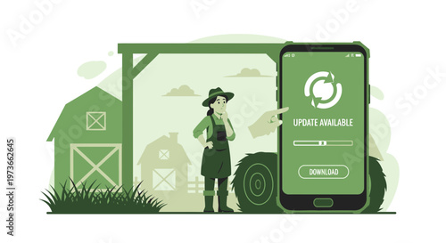 Farmer Using Smartphone for Farm Update Download on Tractor Background