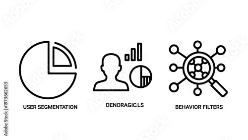 Pie chart for user segmentation, demographics icon, and magnifying glass over network for behavior pattern analysis icons
