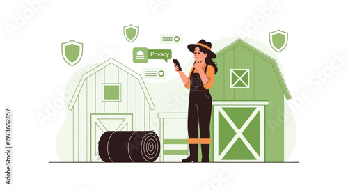 Farmer using smartphone in front of barn, privacy and security concept