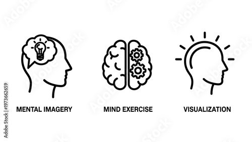 Psychology and mental health concept icons depicting visualization techniques mind exercise with brain gears and mental imagery lightbulb idea in human head