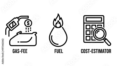 Energy cost estimation icons featuring gas fee wallet symbol fuel drop with flame and cost estimator calculator with magnifying glass for price analysis