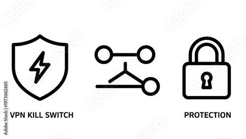 Vpn security and internet protection icons set showing a shield with lightning bolt for kill switch connected network nodes and a padlock for data safety