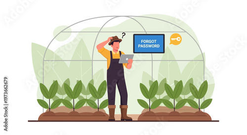 Farmer with tablet in greenhouse, confused about forgotten password for smart farming