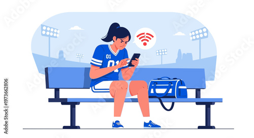 Frustrated athlete with smartphone on bench, no Wi-Fi signal at sports stadium