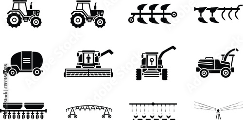 Black silhouette icon set of agricultural machinery featuring tractors, combine harvesters, plows, irrigation systems, and crop sprayers for rural farm industry vector illustration