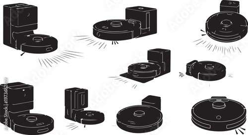 Robot Vacuum Cleaners in Various Positions and Angles Illustration