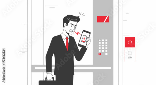 Frustrated businessman stuck in elevator with dead phone