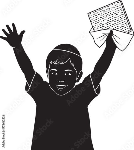 Happy young jewish boy wearing kippah celebrates passover holding matzah bread with raised hands victory symbol in religious judaism holiday celebration