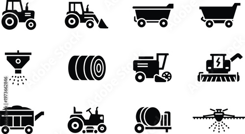 Black silhouette icon set of agricultural machinery featuring tractors, hay balers, grain carts, crop sprayers, and lawn mowers for rural farm industry vector illustration