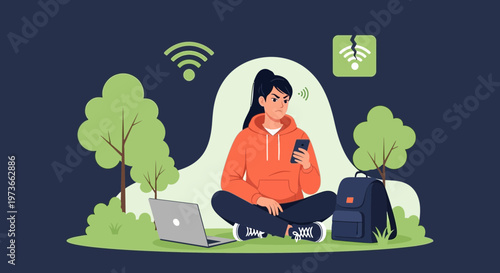 Frustrated student with broken Wi-Fi signal struggling with remote learning outdoors