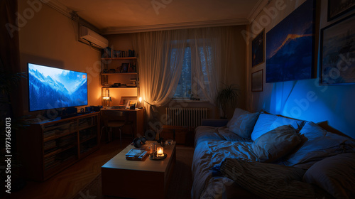 Small apartment with TV and relaxing evening setup ,small flat at night, photo style