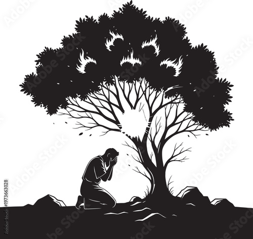 A man kneeling in prayer under a tree with flames, depicting a biblical scene or religious devotion and contemplation