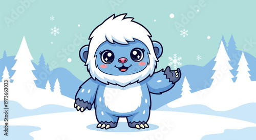 Cute cartoon yeti in snow.