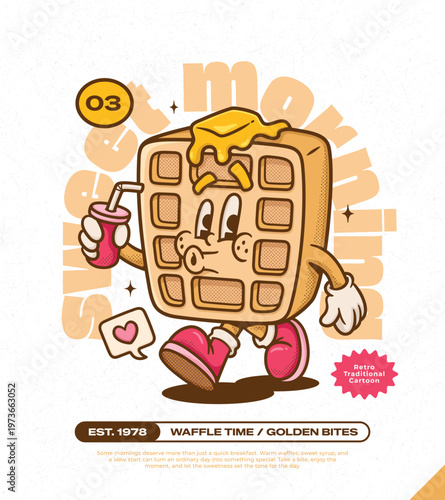 Buttermilk Waffles Trendy Retro Cartoon Vector Hand Drawn 3