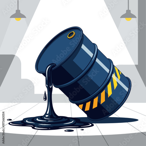 a blue oil barrel spilling crude oil onto a tiled floor depicting a hazardous oil spill pollution and environmental crisis.