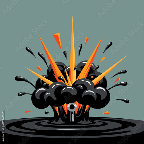 an illustrative oil well explosion gushing black crude oil and fire symbolizing an environmental disaster and fossil fuel crisis