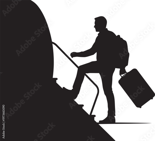 Silhouette of a traveler walking up the stairs to board an airplane with a backpack and a suitcase