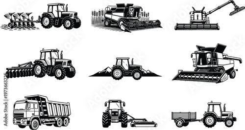 Set of agricultural machinery illustrations, farming tractor with plow, combine harvester reaping wheat, heavy equipment icons, industrial rural transport vector graphic, farm vehicles