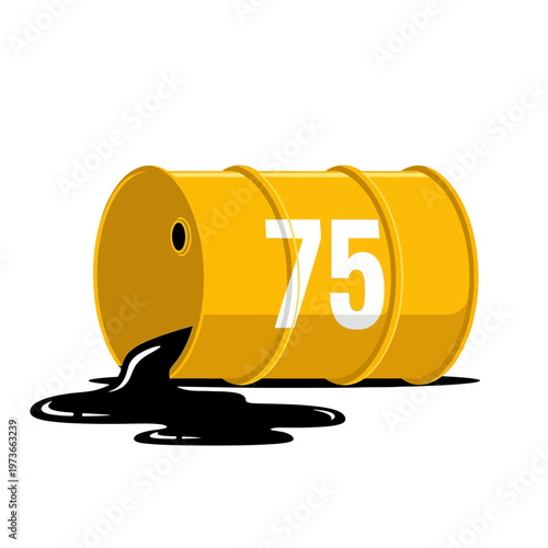 yellow oil barrel with number 75 spilling black crude oil on a clean white background symbolizing energy crisis and environmental pollution concerns