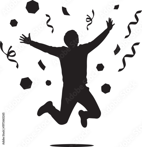 Silhouette of a happy person jumping for joy with confetti and streamers