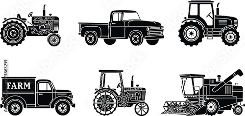 Set of black silhouette farm vehicle icons including vintage tractors, pickup trucks, delivery vans, and heavy combine harvester machinery for agricultural industry equipment