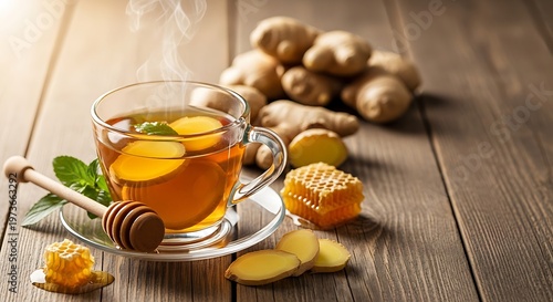 Warm ginger tea with honey and fresh ginger root on rustic wooden table