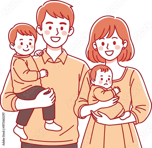A cartoon illustration of a smiling family with two children